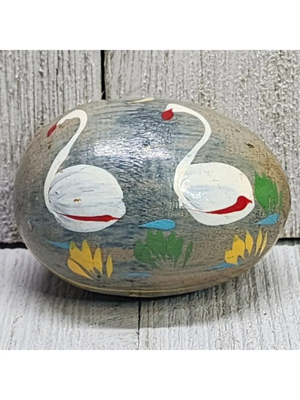 Painted Swan Wooden Egg Shaped Paperweight Home Art Decorative Collectible Vtg